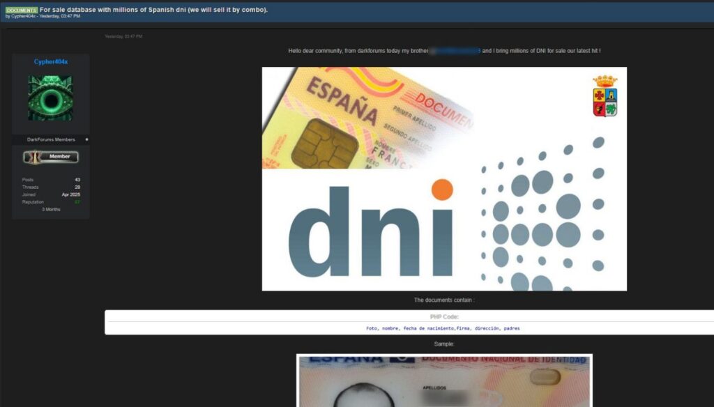 Ponen a la venta millones de DNI de ciudadanos españoles en la dark web