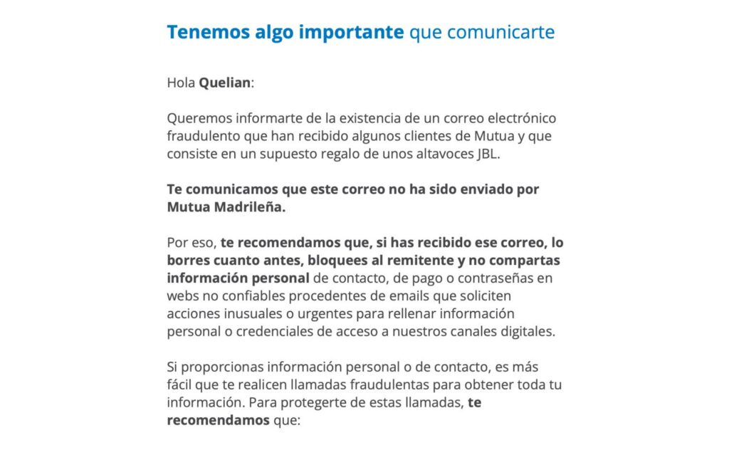 Mutua Madrileña avisa: si has recibido este correo no lo abras, bórralo cuanto antes y bloquea su remitente